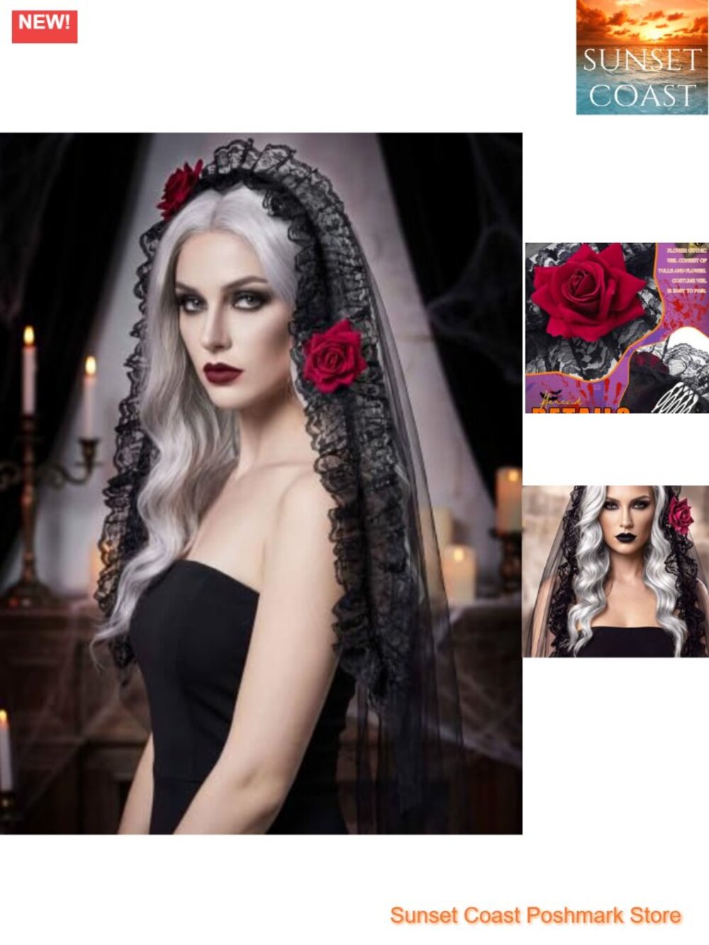 Lace Gothic Veil Flower Halloween Costume Veil with Comb for Women